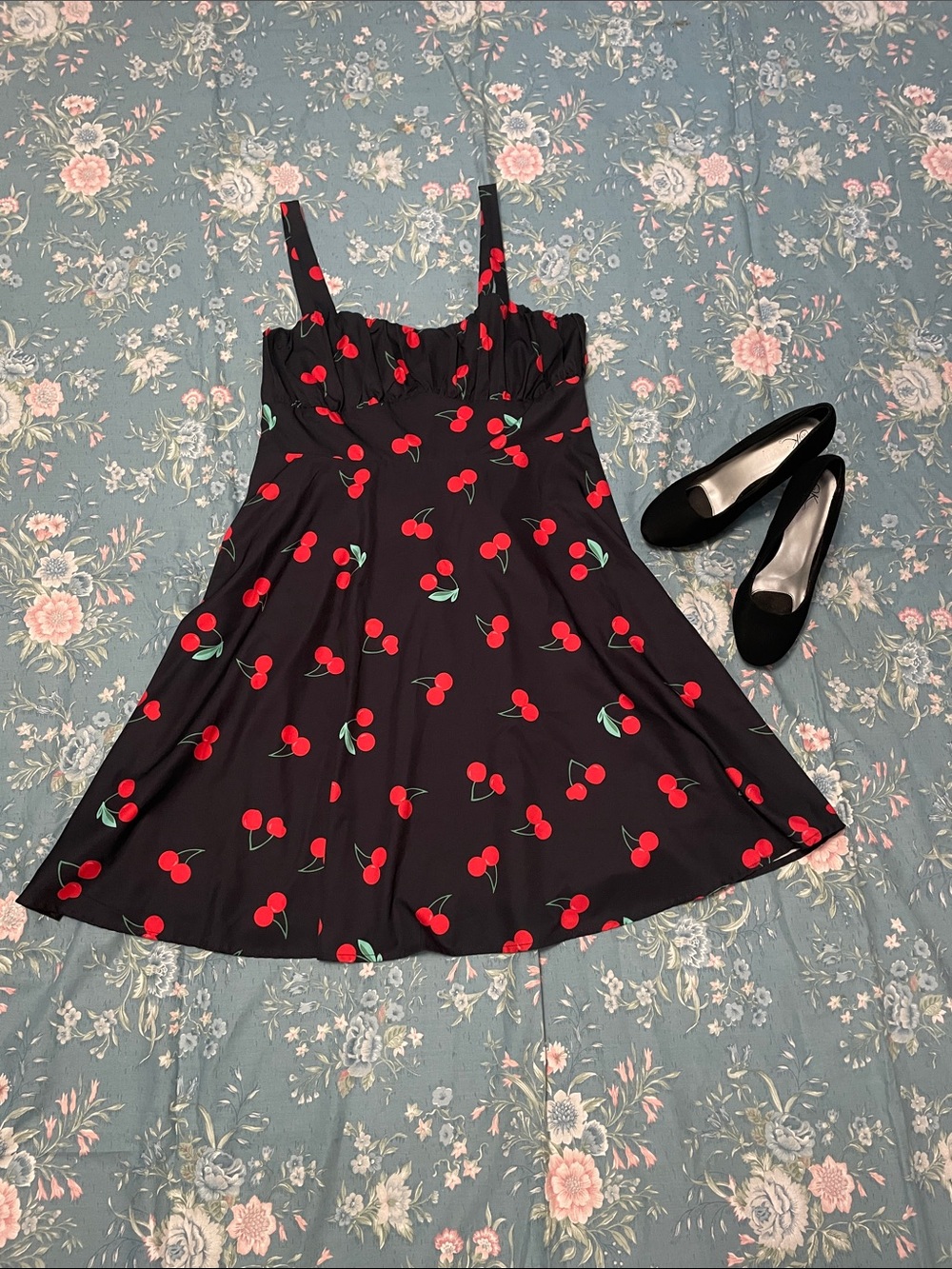 Black Cherry Fruit Print Milkmaid Style Sundress Cottagecore Retro Inspired XL